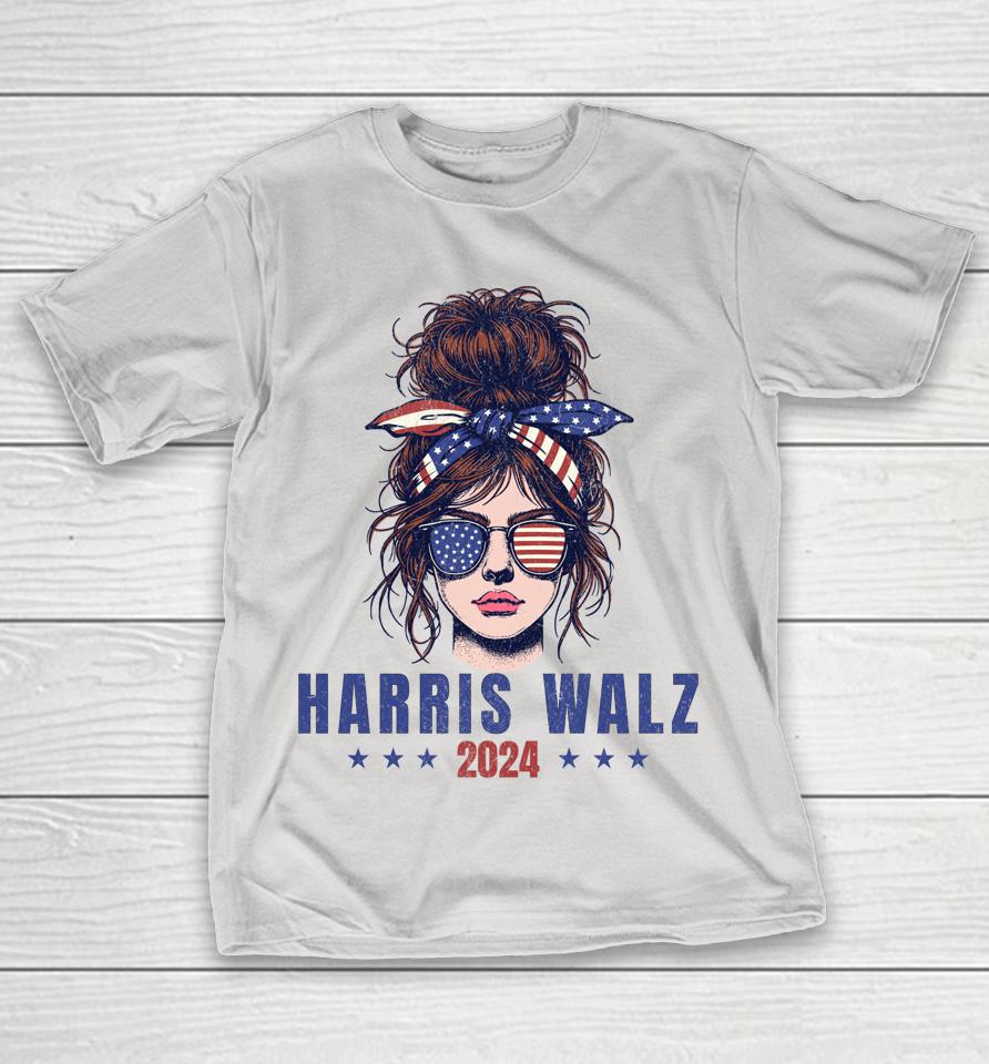 Harris Walz 2024 American Flag Messy Bun Shirts
