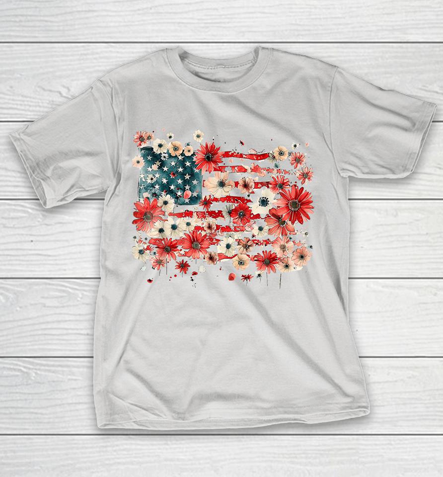 Floral American Flag 4th of July Watercolor Vintage USA Shirts